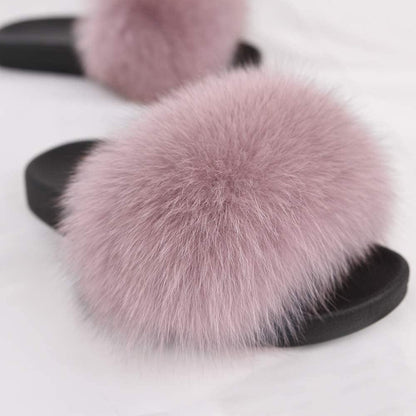 Real Fox Fur Slides for Women - Fluffy Fur Slippers Open Toe Flat Sandals for Outdoor