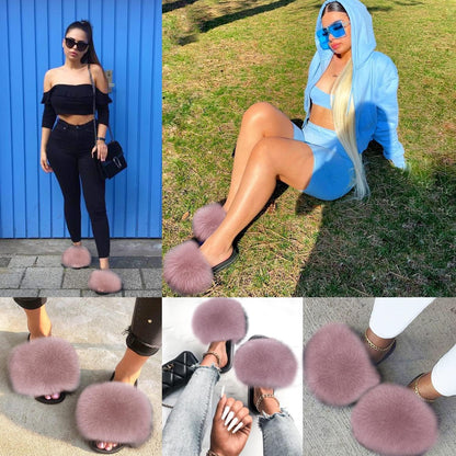 Real Fox Fur Slides for Women - Fluffy Fur Slippers Open Toe Flat Sandals for Outdoor