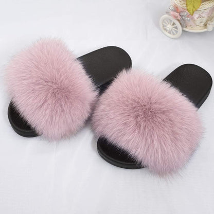 Real Fox Fur Slides for Women - Fluffy Fur Slippers Open Toe Flat Sandals for Outdoor