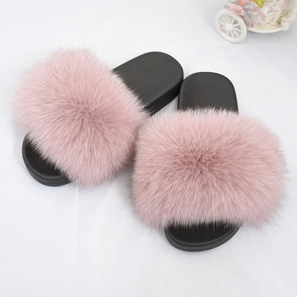 Real Fox Fur Slides for Women - Fluffy Fur Slippers Open Toe Flat Sandals for Outdoor